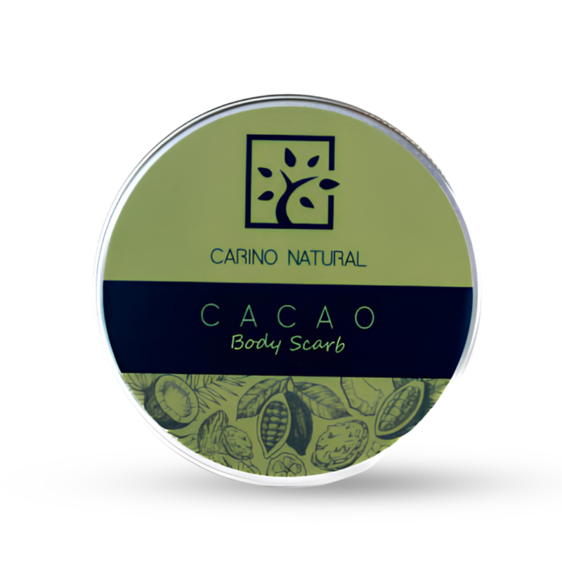Скраб за тяло Какао от фирма Carino Natural в опаковка, заснет на изчистен бял фон