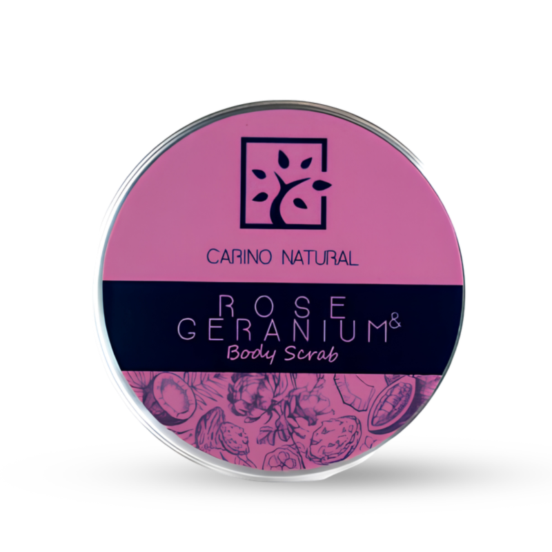 Скраб за тяло Роза и Гераниум от Carino Natural – продуктова снимка на опаковката на бял фон